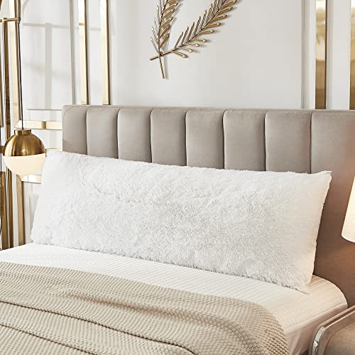 JAUXIO Faux Fur Fluffy Body Pillow Cover Luxury Shaggy Plush Decorative Solid Body Pillowcase, Ultra Soft and Cozy Zipper Closure 21 x 54 Inches, White - color: White