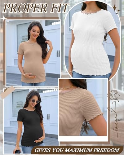 3 Pack Women's Maternity Ribbed Shirts - color: Black, Khaki, White, size: XX-Large