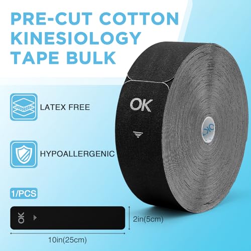 OK TAPE Kinesiology Tape 100 PCS Precut Elastic Strips Bulk 2inx10in/PCS - color: Black, size: 100 PCS