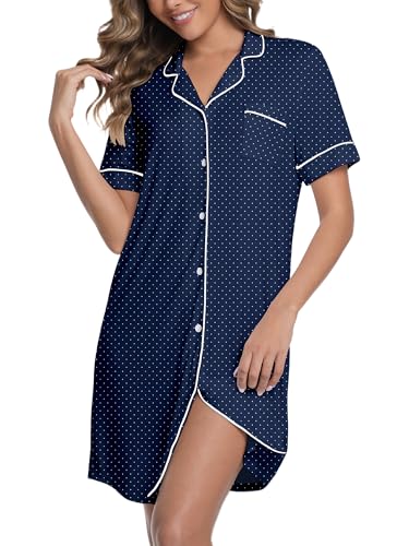 Womens Nightgown Bamboo Viscose Button Down Night Gowns - color: Blue Dotted, size: 5X-Large
