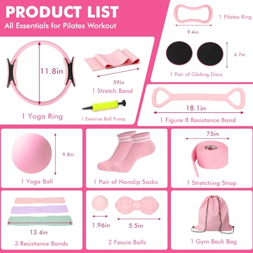 Pilates Equipment Kit for Women, Pink Ring Ball Bands, Home Workouts - color: 15PCS
