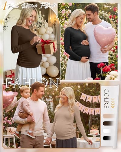 Ficerd 4 Pack Women's Maternity Shirts Long Sleeve Pregnancy Top - color: Black, Coffee, Khaki, Apricot, size: Small
