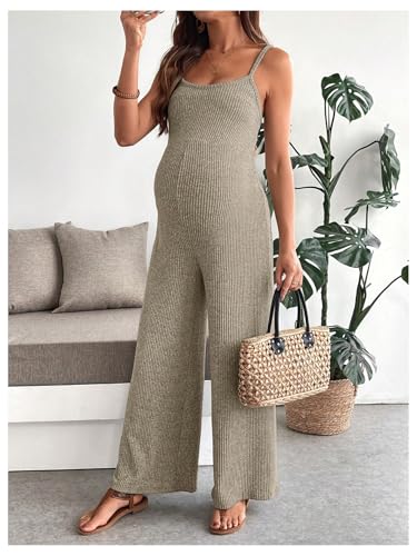 MakeMeChic Women's Maternity Cami Jumpsuit Ribbed Pregnancy Overalls Romper - color: Apricot, size: X-Large