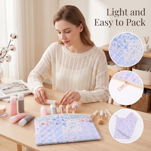 Quilted Makeup Bag, Cotton Patchwork Zipper Cosmetic Pouch, Pink Blue - color: Patchwork Floral