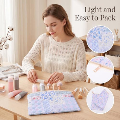 Quilted Makeup Bag, Cotton Patchwork Zipper Cosmetic Pouch, Pink Blue - color: Patchwork Floral