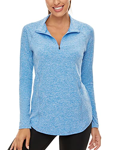 LURANEE Womens UPF 50+ Long Sleeve 1/4 Zip Pullover Athletic Hiking Running Workout Tops - color: Blue, size: Small