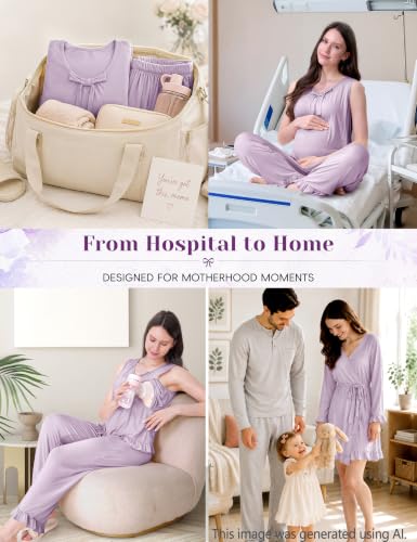SUNNYBUY 3 PCS Ruffle Maternity Nursing Pajamas Set & Robe for Postpartum - color: Lavender, size: X-Large