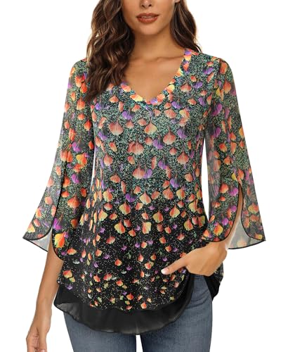 Timeson Women's 3/4 Sleeve Floral Blouses Shirts - color: Black Beige, size: Medium