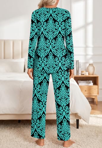 Addtoo Womens Fall Pajama Sets 2026 2 Piece Long Sleeve Soft Loungewear - color: Fl Blue-green, size: XX-Large