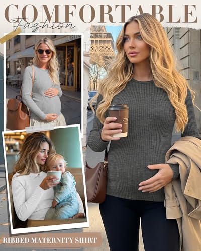 4 Pack Womens Ribbed Maternity Shirts Slim Fit Tops - color: Black, White, Light Gray, Dark Gray, size: Large