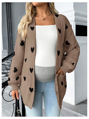 MakeMeChic Women's Maternity Heart Sweater Cardigan Fall Winter Clothes - color: Brown, size: Medium