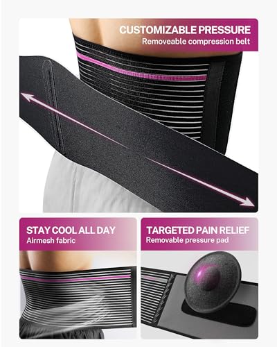 Umbilical Hernia Belt, Adjustable Pressure Support with 3D Pad, S/M - color: Black with Pink Stripes, size: S/M