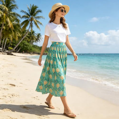 OBBUE Women's Chiffon Pleated Skirt A-line Skirts - color: Boho Print, size: Small