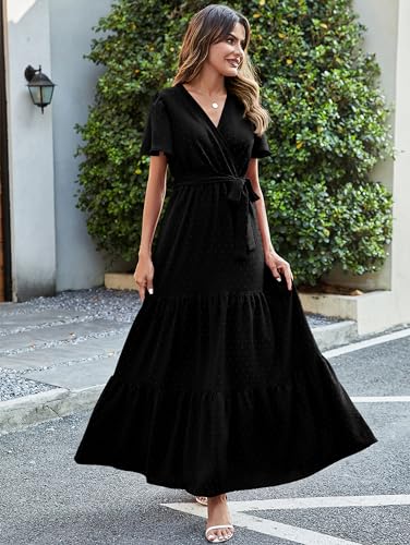 MASCOMODA Womens Summer Swiss Dot Maxi Dresses Wrap Boho Floral Long Dress - color: S-black, size: Large