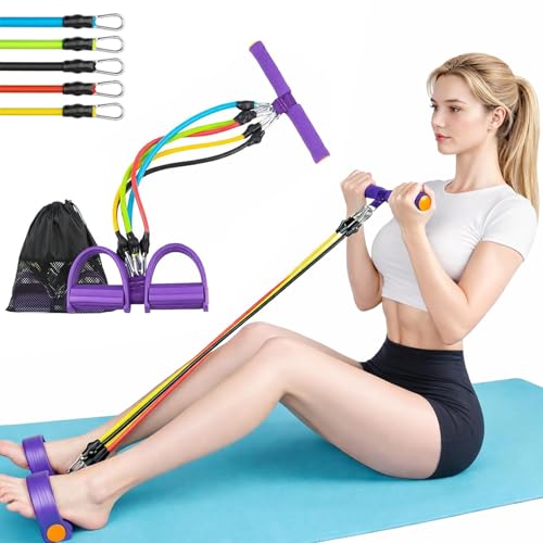 5 Tube Detachable Pedal Resistance Bands with Handles for Full Body Workou - color: Purple