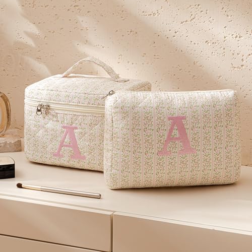 HBselect 2Pcs Initial Makeup Bag Personalized Quilted Cosmetic Bag - color: 2Pcs Pinkflower, style: B