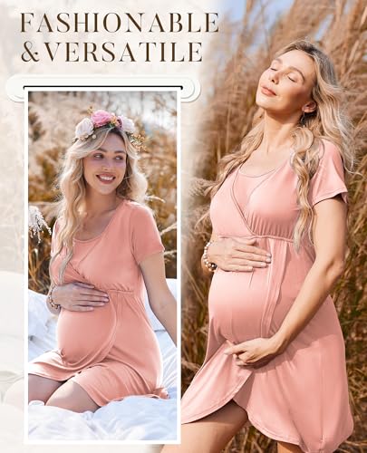 Nursing Nightgown Short Sleeve Breasfeeding Birthing Gown Maternity Dress - color: Pink, size: Large