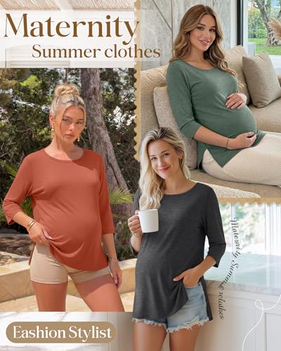 3 Pack Women's 3/4 Sleeve Maternity Loose Crewneck Tops - color: Caramel, Green, Dark Gray, size: Medium