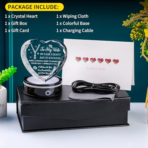 3D Laser Engraved K9 Crystal Heart with LED Base Romantic Gift for Wife - color: Wife Gift