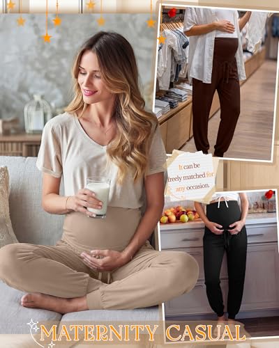 3 Pack Womens Maternity Pants Loose Pregnancy Joggers - color: Khaki, Dark Brown, Black, size: XX-Large