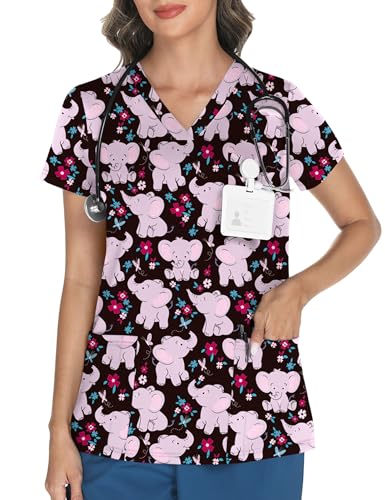 LOMON Women's V Neck Printed Scrub Top with 3 Pockets - color: Elephant, size: 3X-Large