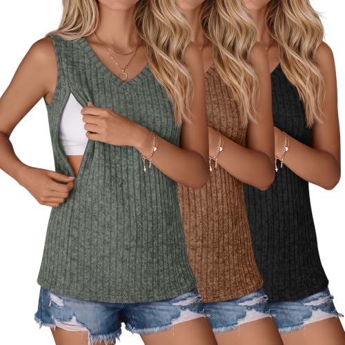 3 Pack Women's Nursing Tank Tops - color: Black, Coffee, Army Green, size: Medium