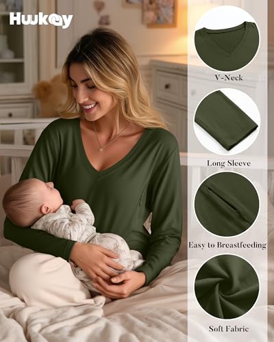 Huukeay 3 Pack Maternity Nursing Tops Breastfeeding Shirts - color: Black, Army Green, Light Khaki, size: Medium