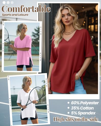 Huukeay 3 Pack Oversized Shirts for Women V Neck - color: Magnolia Pink, White, Wine Red, size: Large