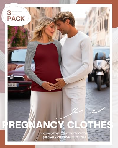 Neer 3 Pack Maternity Long Sleeve Shirts Ribbed Pregnancy Tops - color: Black, Wine Red, Navy Blue, size: Medium