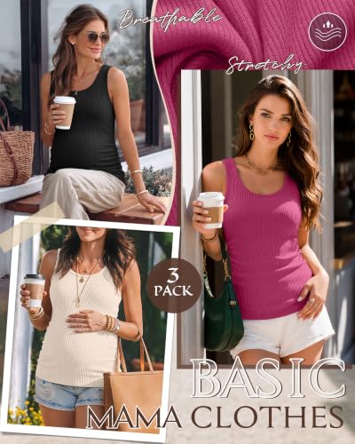 Riyiper 3 Pack Women's Maternity Tank Tops - color: Black, Rose Red, Apricot, size: Medium