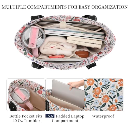 Tote Bag for Women with LaptopCompartment & Cup Holder - color: Amber Blooms