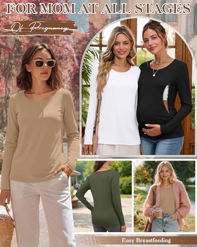 Oakgarden 4 Pack Women Cotton Nursing Tops for Breastfeeding - color: Khaki, Army Green, White, Black, size: X-Large