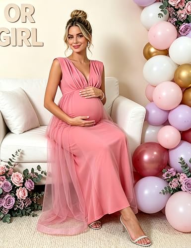 Maternity Maxi Dress V Neck Sleeveless Tulle Overlay Formal Gown - size: Medium