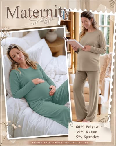 Huukeay 2 Pack Maternity Long Sleeve Pajamas Sets - color: Gray Green, Khaki, size: Medium