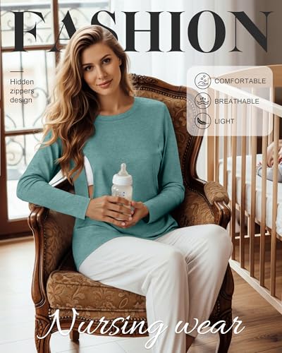 Women's Cotton Modal Maternity Nursing Tops - color: Heather Green, size: Large