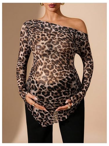 WDIRARA Women's Maternity Shirts Leopard Off The Shoulder Tops Long Sleeve Pregnancy Tee Shirts - size: Small