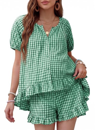 BLENCOT Maternity Clothes 2 PCS Gingham Cotton Pregnancy Pajamas Short Sets - color: Green, size: Small