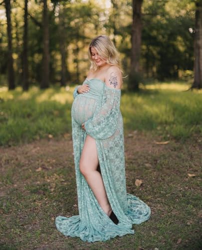 Saslax Sheer Lace Off Shoulder Maternity Maxi Dress for Photoshoot - color: Sage, size: Medium