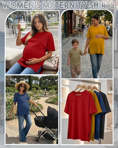 Riyiper 4 Pack Women's Short Sleeve Maternity T Shirts - color: Black, Haze Blue, Yellow, Red, size: Medium