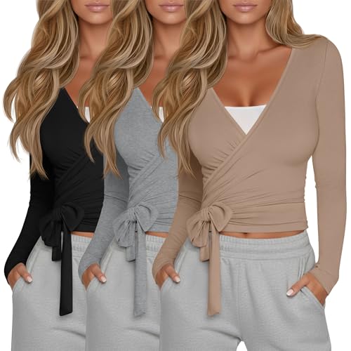 Oakgarden 3 Pack Womens Pilates Ballet Wrap Tops Front Tie Shirt - color: Black, Light Gray, Khaki, size: Medium