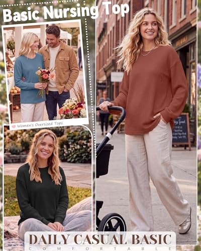 Oakgarden 3 Pack Women's Oversized Nursing Tops - color: Haze Blue, Caramel, Black, size: Small