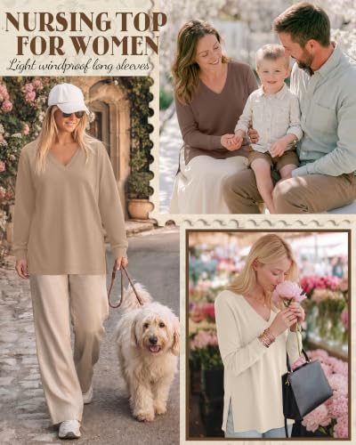 3 Pack Women's Nursing Breastfeeding Long Sleeve Shirts - color: Cream, Khaki, Light Brown, size: Medium