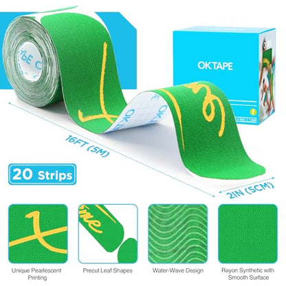 OK TAPE Kinesiology Tape Pearlescent Printed Precut 20 Strips, 2inx16.4ft - color: Green