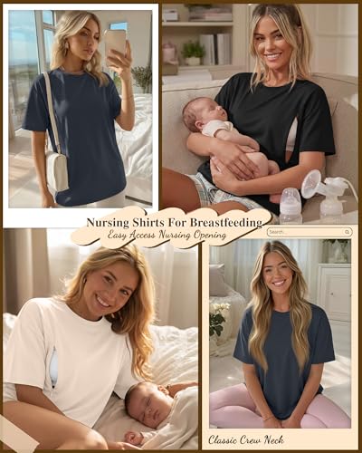 Riyiper 3 Pack Women's Nursing Short Sleeve Shirts - color: Dark Blue, Beige, Black, size: Medium