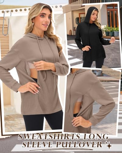 Ficerd 2 Pack Women's Nursing Waffle Hoodies Breastfeeding Tops - color: Coffee, Black, size: X-Large