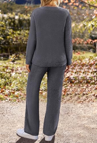 MEROKEETY Women's Fall Fleece 2 Piece Outfits Pajama Lounge Sets - color: Darkgrey, size: Medium