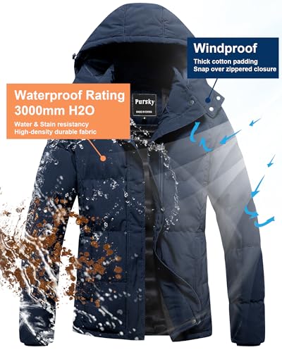 Pursky Women's Warm Winter Thicken Coat Waterproof Cropped Jackets Parka With Removable Hood - color: Navy, size: Medium