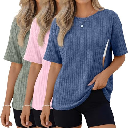 Ficerd 3 Pack Women Oversized Nursing Shirts - color: Denim Blue, Light Pink, Light Green, size: Medium