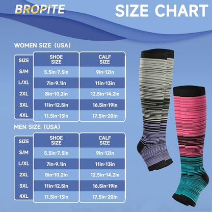 bropite Open Toe Compression Socks for Women，3 Pairs Toless Knee-High Socks - color: B-stripe Open, size: Large-X-Large