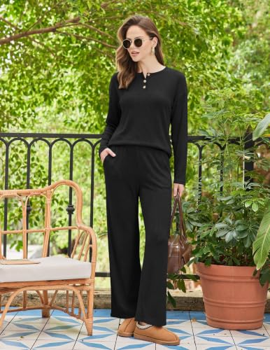 Ekouaer Womens Pajama sets Long Sleeve Cozy 2 Piece Matching Lounge Set - color: Black, size: Large